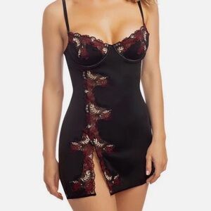 Black Chemise with Red Lace Floral Accents